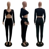 Solid Long Sleeve V Neck Yoga 2 Piece Pants Set GLF-8010