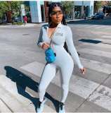 Casual Ribbed Letter Long Sleeve Skinny Jumpsuits GLF-8011