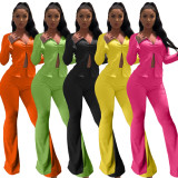 Plus Size Solid Long Sleeve Zipper Flared Pants 2 Piece Sets HM-6336