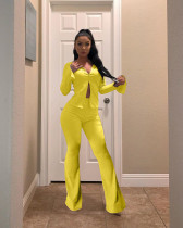 Plus Size Solid Long Sleeve Zipper Flared Pants 2 Piece Sets HM-6336