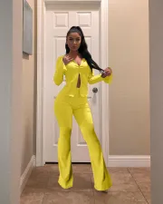Plus Size Solid Long Sleeve Zipper Flared Pants 2 Piece Sets HM-6336