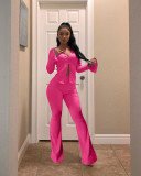 Plus Size Solid Long Sleeve Zipper Flared Pants 2 Piece Sets HM-6336