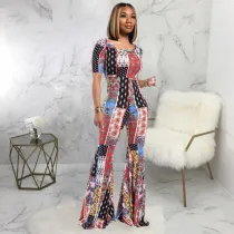 Casual Printed Short Sleeve Flared Jumpsuits SMR-9635
