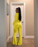 Plus Size Solid Long Sleeve Zipper Flared Pants 2 Piece Sets HM-6336