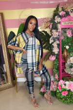 Plaid Print Loose Tops And Pants Two Piece Suits LUO-3096