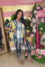 Plaid Print Loose Tops And Pants Two Piece Suits LUO-3096