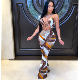 Sexy Printed Halter Backless Flared Jumpsuits LSL-6359