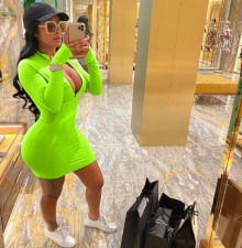 Solid Long Sleeve Sexy Zipper Bodycon Dress XMY-9257