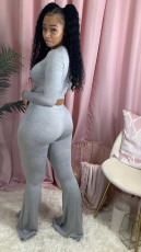 Plus Size Solid Long Sleeve Flare Pants 2 Piece Sets FNN-8519