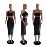 Sexy Rivet Spaghetti Strap Midi Skirt 2 Piece Sets GLF-8005