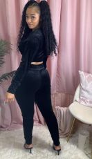 Casual Velvet Hooded Zipper Two Piece Pants Suits FNN-8520