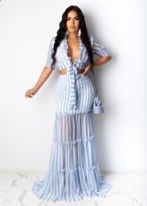 Sexy Striped Chiffon Long Skirt Two Piece Sets SFY-800