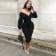 Black V Neck Lantern Sleeve Elegant Midi Dress HMS-5355