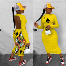 Plus Size Sexy Poker Print Long Sleeve Backless Club Dress IV-8117
