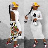 Plus Size Sexy Poker Print Long Sleeve Backless Club Dress IV-8117