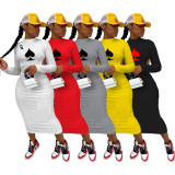 Plus Size Sexy Poker Print Long Sleeve Backless Club Dress IV-8117