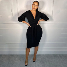 Black V Neck Lantern Sleeve Elegant Midi Dress HMS-5355