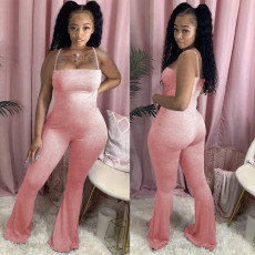 Plus Size Solid Color Simple Sexy Sling Slim Flared Jumpsuit NM-8308