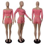 Plus Size Solid Sexy Off Shoulder Two Piece Shorts Set YIM-134
