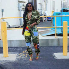Camo Print Long Sleeve Coat long Pants 2 Piece Sets HMS-5361