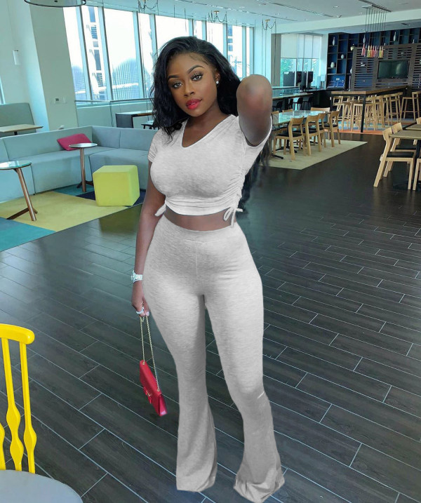 Solid Ruched Crop Top Flare Pants 2 Piece Sets LM-8176