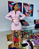 Plaid Print Long Sleeve Zipper Mini Skirt 2 Piece Sets LM-8177