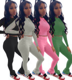 Solid Long Sleeve High Waist Pants Two Piece Sets LM-8175