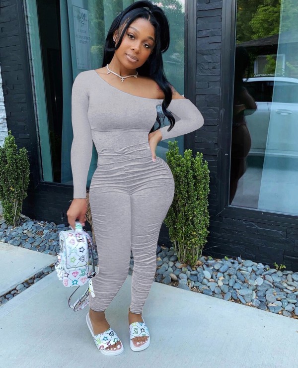 Plus Size Solid Off Shoulder Long Sleeve Jumpsuits QZX-6151