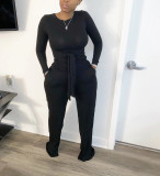 Solid Rib Long Sleeve Two Piece Pants Set WSM-5185