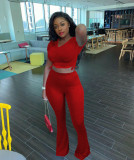 Solid Ruched Crop Top Flare Pants 2 Piece Sets LM-8176