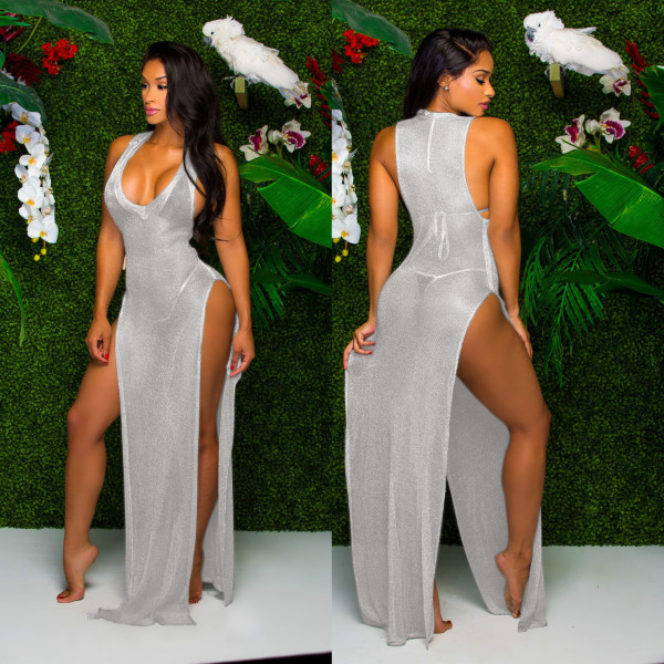 Sexy Sleeveless High Split Beach Mesh Long Dress SMR-9666