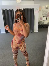 Sexy Printed Bodysuit And Pants 2 Piece Sets Without Mask JH-180