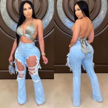 Denim Ripped Hole Long Flare Jeans ORY-5165