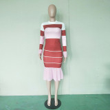 Stripe Patchwork Long Sleeve Midi Skirt 2 Piece Sets BN-9116