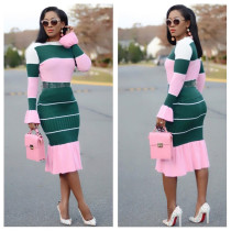 Stripe Patchwork Long Sleeve Midi Skirt 2 Piece Sets BN-9116