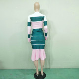 Stripe Patchwork Long Sleeve Midi Skirt 2 Piece Sets BN-9116
