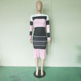 Stripe Patchwork Long Sleeve Midi Skirt 2 Piece Sets BN-9116