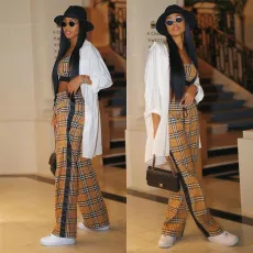 Plaid Print Tank Top Wide Leg Pants Two Piece Sets LSL-6371
