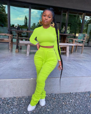 Solid Long Sleeve Stacked Pants Two Piece Sets FNN-8523
