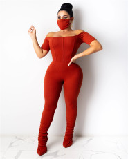 Solid Rib Slash Neck Skinny Stacked Jumpsuits With Mask LA-3212