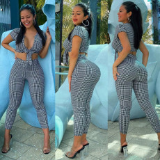 Plaid Bow Knot Crop Top Long Pants 2 Piece Suits BN-9248