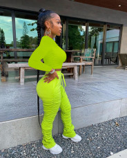 Solid Long Sleeve Stacked Pants Two Piece Sets FNN-8523
