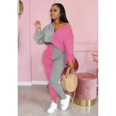 Plus Size Contast Color Long Sleeve Two Piece Pants Set FNN-8522