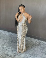 Sexy Leopard Halter Backless Maxi Dress LP-6237