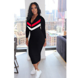 Plus Size Casual Zipper Long Sleeve Slim Midi Dress OM-1162