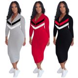 Plus Size Casual Zipper Long Sleeve Slim Midi Dress OM-1162