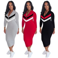 Plus Size Casual Zipper Long Sleeve Slim Midi Dress OM-1162