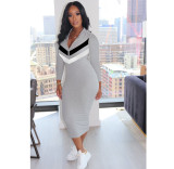 Plus Size Casual Zipper Long Sleeve Slim Midi Dress OM-1162