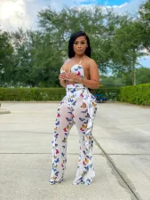 Sexy Butterfly Print Mesh Ruffled Pants Without Underpants LSD-8762