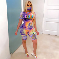 Plus Size Fashion Casual Tie-dye Letter Print Two Piece Set With Mask LUO-3098